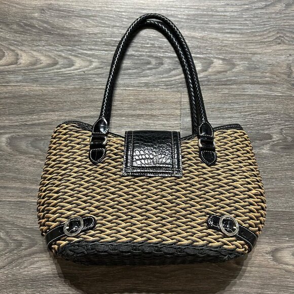 Brighton Debbie Black Tan Woven Leather Shoulder Bag Braided Handles Preppy - Picture 8 of 12